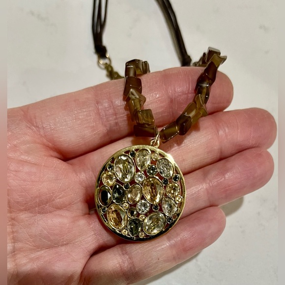 Upcycled VTG Swarovski Dorado Pendant/Tiger Eye Leather Powerhouse Necklace, EUC - Picture 6 of 13